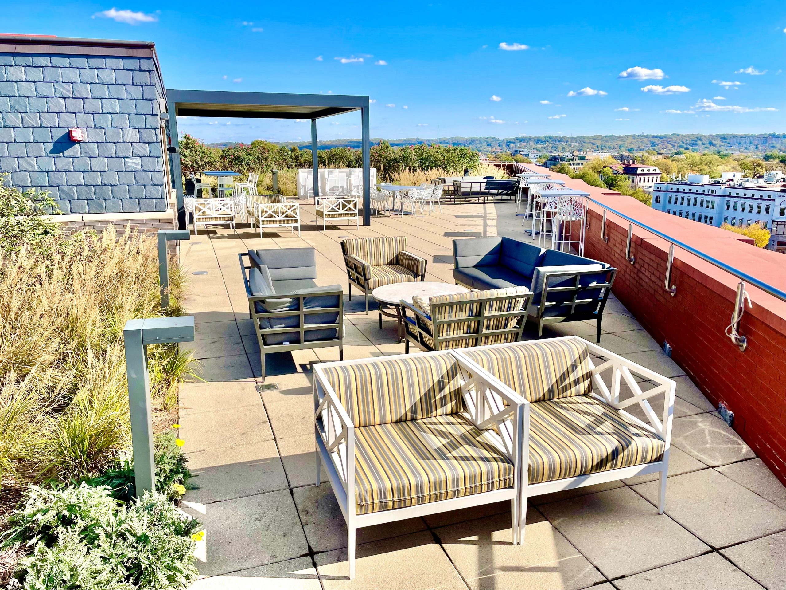 Tables and chairs on a rooftop.